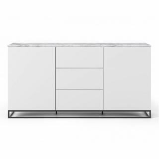 Buffet WHITY 2 blanc mat 180cm 2 portes/3 tiroirs Plateau en Marbre blanc avec piètement noir Buffet WHITY 2 blanc mat 180cm 2 portes/3 tiroirs Plateau en Marbre blanc avec piètement noir
